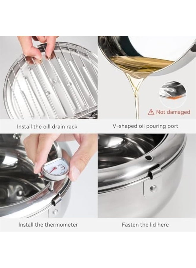 قدر قلي عميق من الفولاذ المقاوم للصدأ سعة 2.2 لتر - مقلاة تمبورا مزودة بمقياس حرارة مدمج وغطاء ورف لتجميع الزيت، مثالية لقلي الدجاج والمأكولات البحرية والبطاطس المقلية والوجبات الخفيفة في المنزل - Image 3